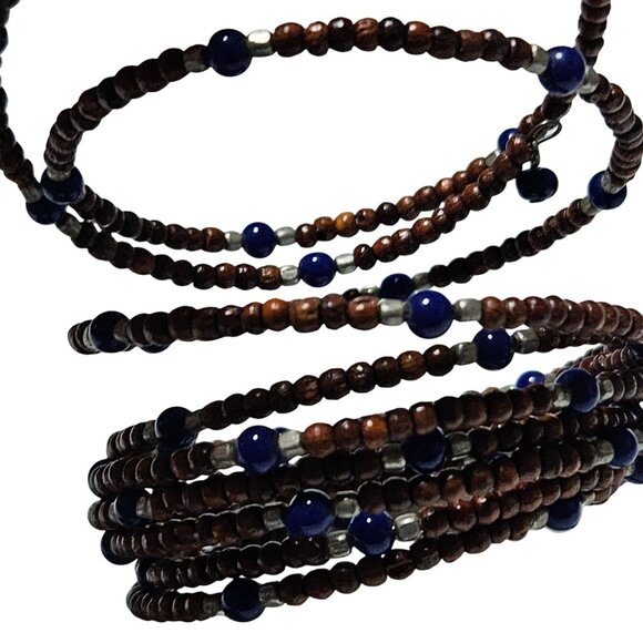 Handmade Boho Brown Blue Seed Beaded Multi Strand Coil Bracelet Retro Fashion - Picture 4 of 5